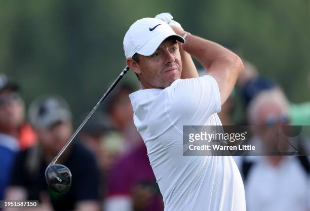 Rory McIlroy of Northern Ireland tees off on the 18th hole during the final round of the Hero Dubai Desert Classic at Emirates Golf Club on January...