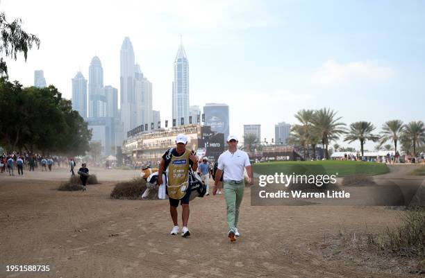 Rory McIlroy of Northern Ireland plays the 17th hole during the final round of the Hero Dubai Desert Classic at Emirates Golf Club on January 21,...