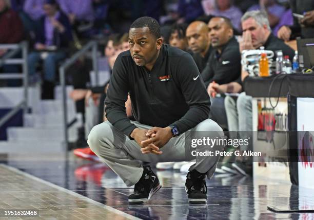 Head coach Mike Boynton Jr. Of the Oklahoma State Cowboys looks out onto the court in the second half against the Kansas State Wildcats at Bramlage...