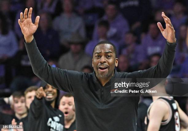 Head coach Mike Boynton Jr. Of the Oklahoma State Cowboys reacts after a call against the Cowboys in the second half against the Kansas State...