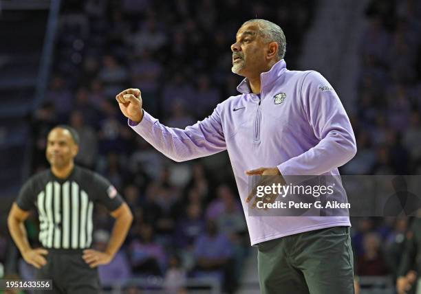 Head coach Jerome Tang of the Kansas State Wildcats calls out instructions for a his players in the second half against the Oklahoma State Cowboys at...