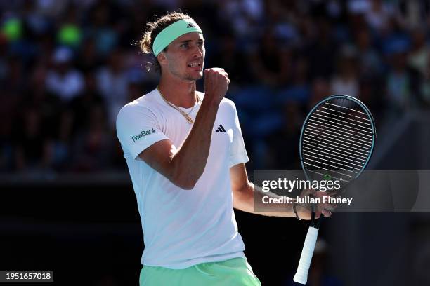 Alexander Zverev of Germany celebrates a point during their round four singles match against Cameron Norrie of United Kingdom during the 2024...