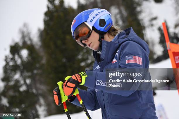Mikaela Shiffrin of Team United States during the inspection during the Audi FIS Alpine Ski World Cup Women's Downhill training on January 25, 2024...