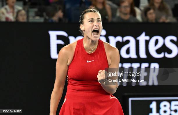 Aryna Sabalenka reacts in their Semi Final singles match against Coco Gauff of the United States during the 2024 Australian Open at Melbourne Park on...