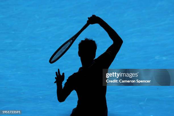 Daniil Medvedev plays a forehand in their round four singles match against Nuno Borges of Portugal during the 2024 Australian Open at Melbourne Park...