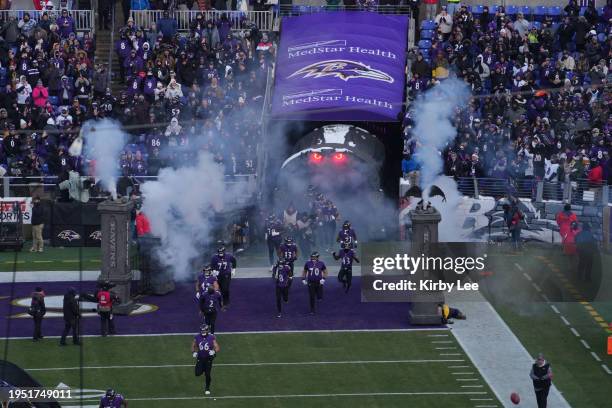General overall view as Baltimore Ravens players enter the field field against the Houston Texans during the AFC Divisional Playoff game at M&T Bank...
