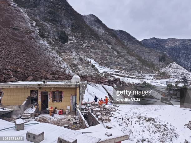 Rescuers search for survivors at the ruins of a landslide on January 22, 2024 in Zhenxiong County, Zhaotong City, Yunnan Province of China. The...