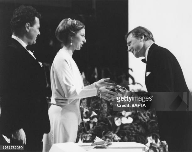 David Attenborough, recipient of the 1980 Fellowship Award presented by HRH The Princess Anne at the British Academy Film & Television Awards on...