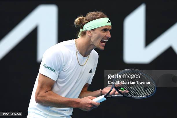 Alexander Zverev of Germany react during their round four singles match against Cameron Norrie of United Kingdom during the 2024 Australian Open at...