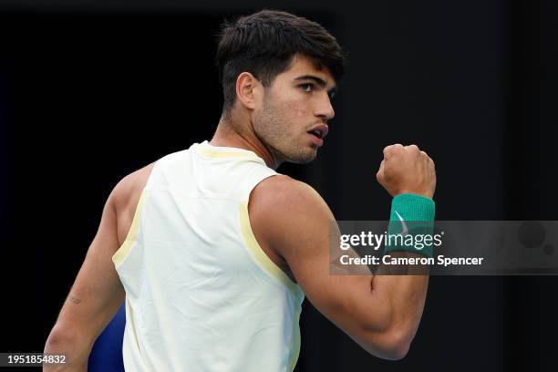 Carlos Alcaraz of Spain celebrates a point during their fourth round singles match against Miomir Kecmanovic of Serbia during the 2024 Australian...