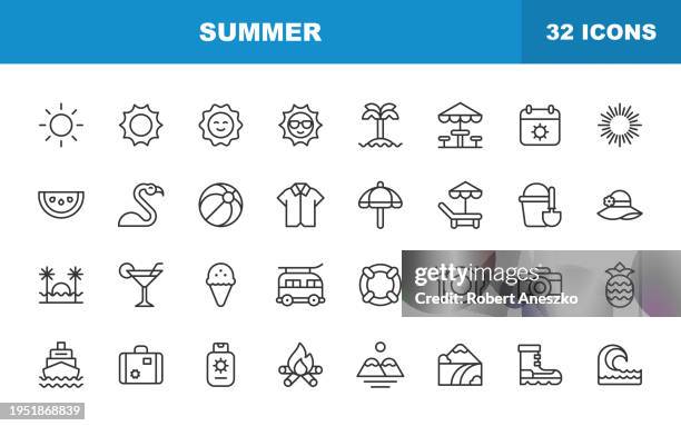 ikonen der sommerlinie. bearbeitbarer strich. enthält symbole wie strand, kreuzfahrt, tauchen, trinken, grillen, eiscreme, palme, surfen, tropen, urlaub, reise. - wassersportausrüstung stock-grafiken, -clipart, -cartoons und -symbole