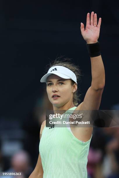 Anna Kalinskaya celebrates winning match point during their fourth round singles match against Jasmine Paolini of Italy during the 2024 Australian...