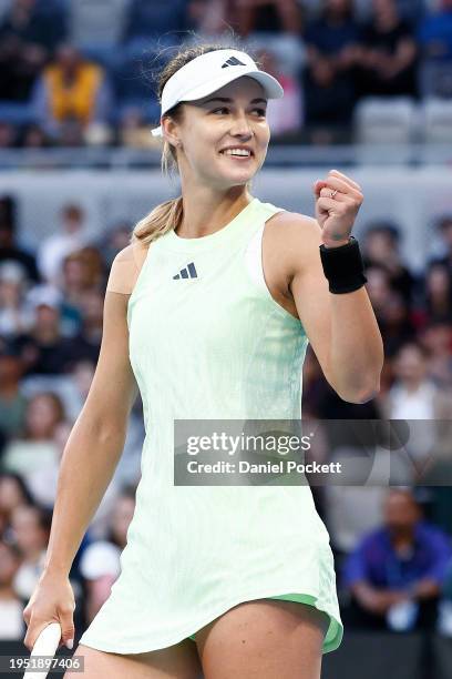 Anna Kalinskaya celebrates winning match point during their fourth round singles match against Jasmine Paolini of Italy during the 2024 Australian...