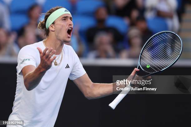 Alexander Zverev of Germany reacts during their round four singles match against Cameron Norrie of United Kingdom during the 2024 Australian Open at...
