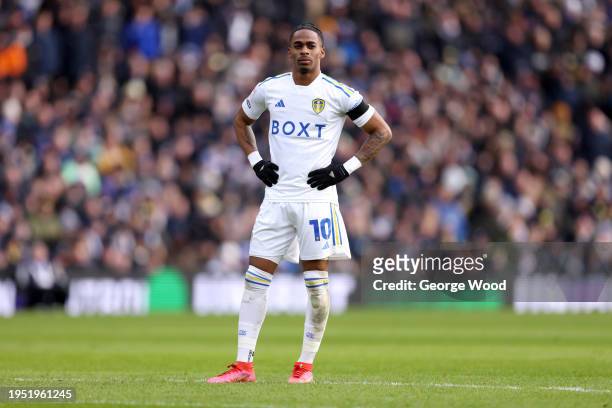Crysencio Summerville of Leeds United looks on during the Sky Bet Championship match between Leeds United and Preston North End at Elland Road on...