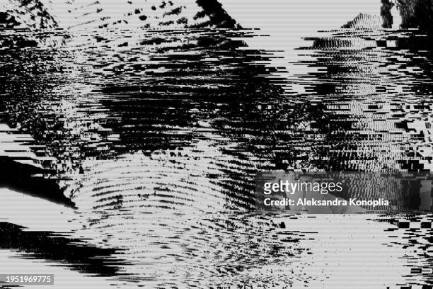 black and white glitch effect background. abstract grunge noise border overlay effect. video damage error. digital signal distortion visualization. random white lines and shapes. technical problem of television. - distorted bildbanksfoton och bilder