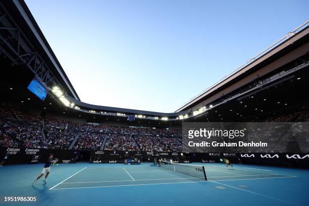 General view of the court as Miomir Kecmanovic of Serbia plays a forehand during their fourth round singles match against Carlos Alcaraz of Spain...