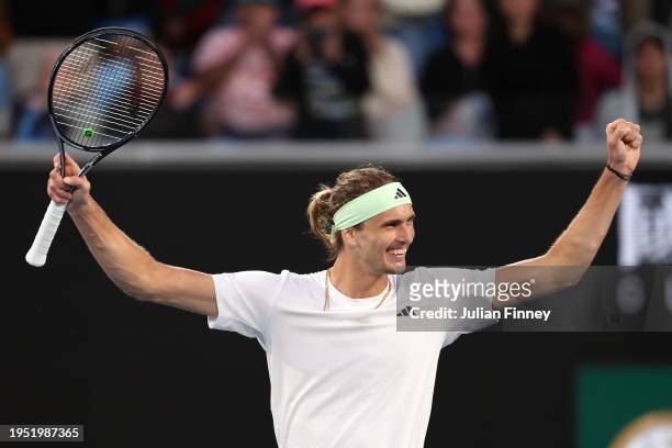 Alexander Zverev of Germany celebrates victory during their round four singles match against Cameron Norrie of United Kingdom during the 2024...