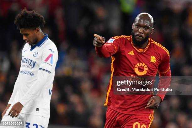 Romelu Lukaku of AS Roma celebrates after scoring the goal of 1-0 during the Serie A football match between AS Roma and Hellas Verona at Olimpico...