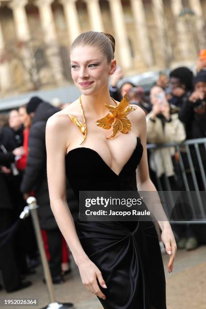 Hunter Schafer attends the Schiaparelli Haute Couture Spring/Summer 2024 show as part of Paris Fashion Week on January 22, 2024 in Paris, France.