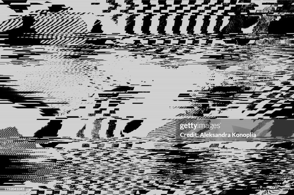 Black and white glitch effect background. Abstract grunge noise border overlay effect. Video Damage Error. Digital signal distortion visualization. Random white lines and shapes. Technical problem of television.