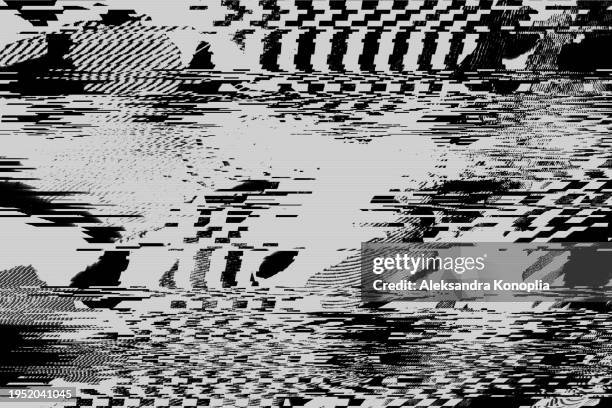 black and white glitch effect background. abstract grunge noise border overlay effect. video damage error. digital signal distortion visualization. random white lines and shapes. technical problem of television. - problem bildbanksfoton och bilder