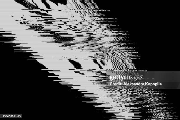 black and white glitch effect background. abstract grunge noise border overlay effect. video damage error. digital signal distortion visualization. random white lines and shapes. technical problem of television. - composite-technik stock-fotos und bilder