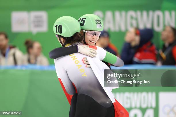 Anna Falkowska of Poland celebrates after winning the Women 500m Final A during a day three of the Winter Youth Olympic Games at Gangneung Ice Arena...