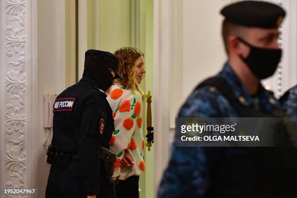 Darya Trepova, a woman charged with killing military blogger Vladlen Tatarsky in a bomb blast at a Saint Petersburg cafe last April, attends her...