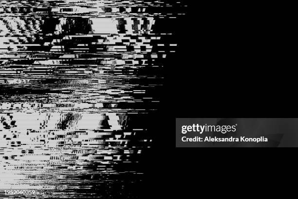 black and white glitch effect background. abstract grunge noise border overlay effect. video damage error. digital signal distortion visualization. random white lines and shapes. technical problem of television. - enigma imagens e fotografias de stock