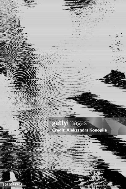 black and white glitch effect background. abstract grunge noise border overlay effect. video damage error. digital signal distortion visualization. random white lines and shapes. technical problem of television. - distorted stock pictures, royalty-free photos & images