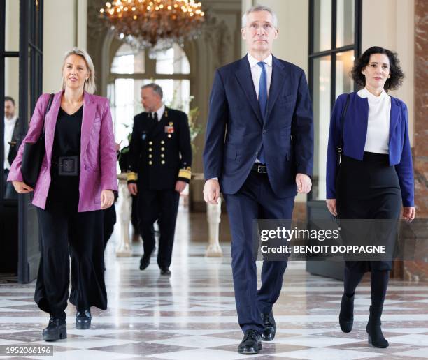 Defence minister Ludivine Dedonder, NATO Secretary General Jens Stoltenberg and Foreign minister Hadja Lahbib pictured during a new year's reception...