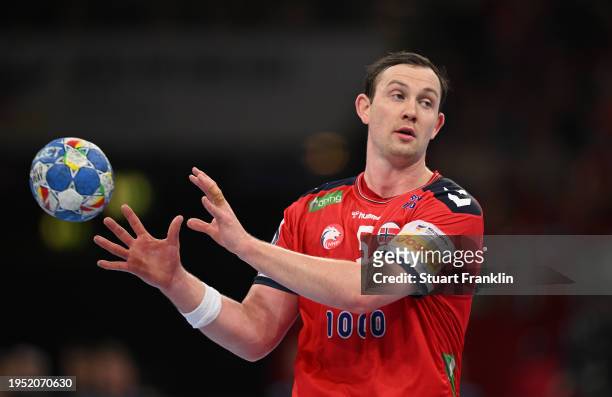 Sander Sagosen of Norway in action during the Men's EHF Euro 2024 main round match between Norway and Denmark at Barclays Arena on January 21, 2024...