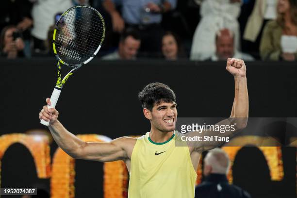 Carlos Alcaraz of Spain celebrates the victory in the Men's Singles Fourth Round match against Miomir Kecmanovic of Serbia during day nine of the...