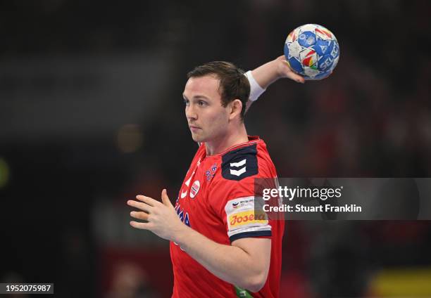 Sander Sagosen of Norway in action during the Men's EHF Euro 2024 main round match between Norway and Denmark at Barclays Arena on January 21, 2024...