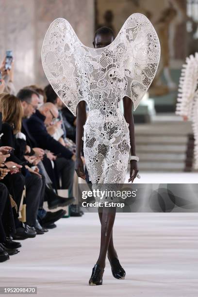 Model walks the runway during the Schiaparelli Haute Couture Spring/Summer 2024 show as part of Paris Fashion Week on January 22, 2024 in Paris,...