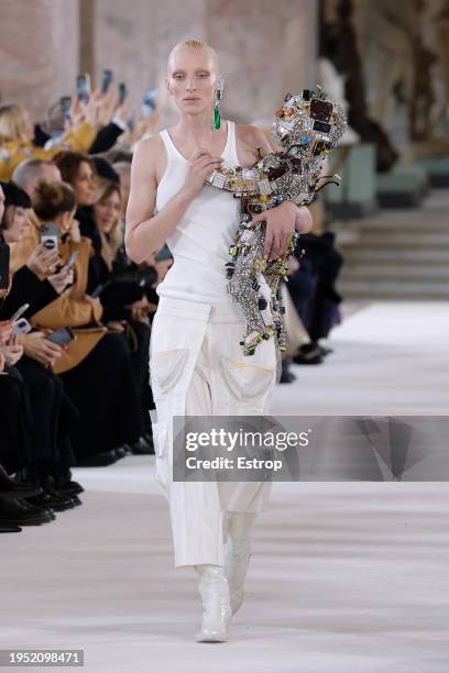 Model walks the runway during the Schiaparelli Haute Couture Spring/Summer 2024 show as part of Paris Fashion Week on January 22, 2024 in Paris,...