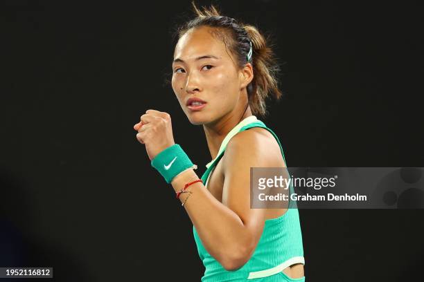 Zheng Qinwen of China celebrates during her women's fourth round match against Oceane Dodin of France during the 2024 Australian Open at Melbourne...