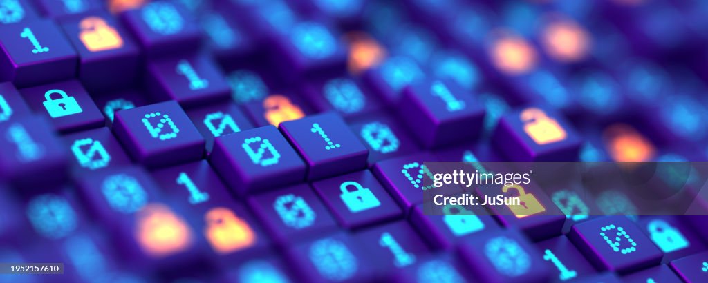 Cryptage de vos données. Code binaire et verrouillage numérique. Attaque de pirates informatiques et violation de données. Big data avec code informatique crypté. Sécurisez vos données. Concept de cybersécurité et de confidentialité sur Internet.