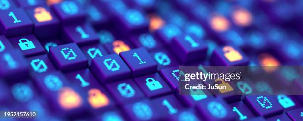 encryption your data. binary code and digital lock. hacker attack and data breach. big data with encrypted computer code. safe your data. cyber internet security and privacy concept. database storage 3d illustration - beveiligingssysteem stockfoto's en -beelden