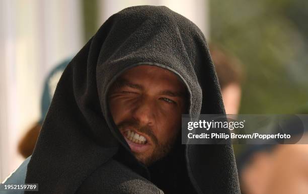 Ben Foakes of England looks on from under a towel during the England nets session at Rajiv Gandhi International Stadium on January 22, 2024 in...