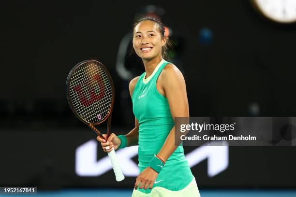 Zheng Qinwen of China celebrates victory during her women's fourth round match against Oceane Dodin of France during the 2024 Australian Open at...