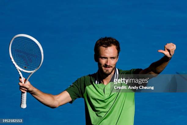 Daniil Medvedev celebrates match point in his round four singles match against Nuno Borges of Portugal during day nine of the 2024 Australian Open at...