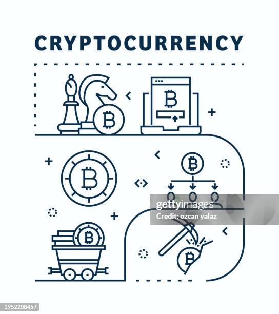 cryptocurrency related vector banner design concept. global multi-sphere ready-to-use template. web banner, website header, magazine, mobile application etc. modern design. - miner icon stock illustrations