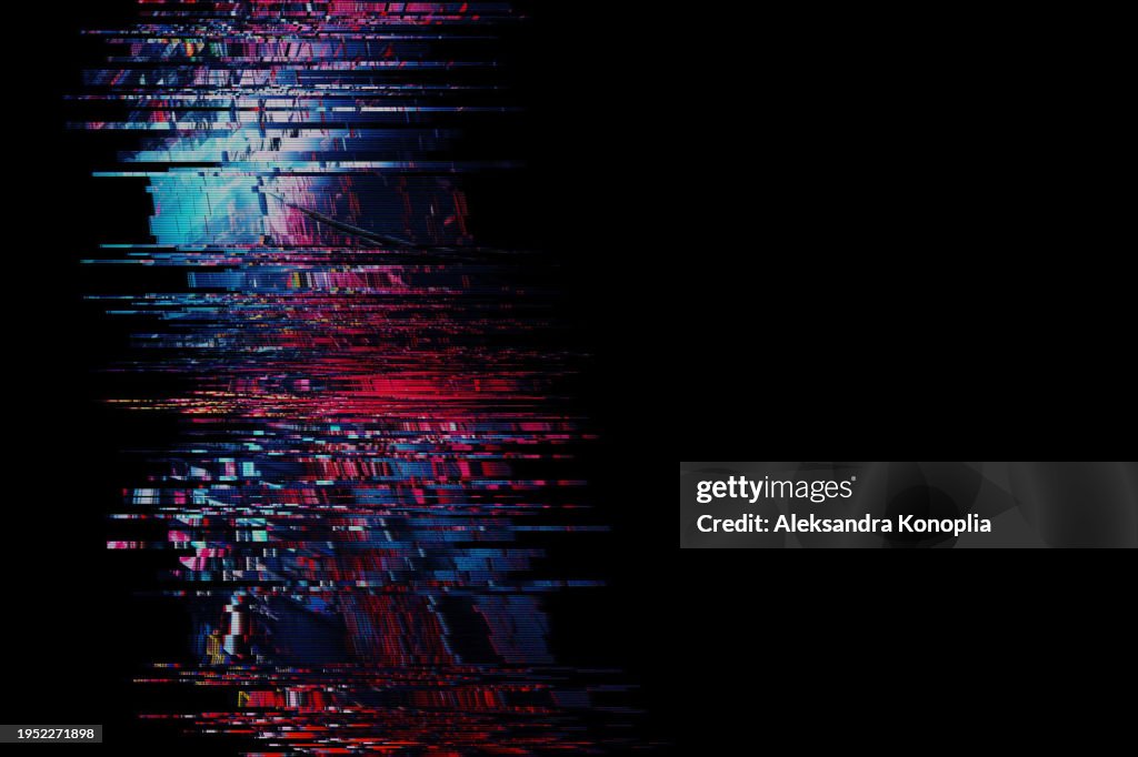 Motion Glitch interlaced Multicolored Distorted textured futuristic background with Abstract Digital signal, Broadcasting error border pattern