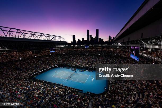 General sunset view of Rod Laver Arena during their fourth round singles match between Carlos Alcaraz of Spain and Miomir Kecmanovic of Serbia during...