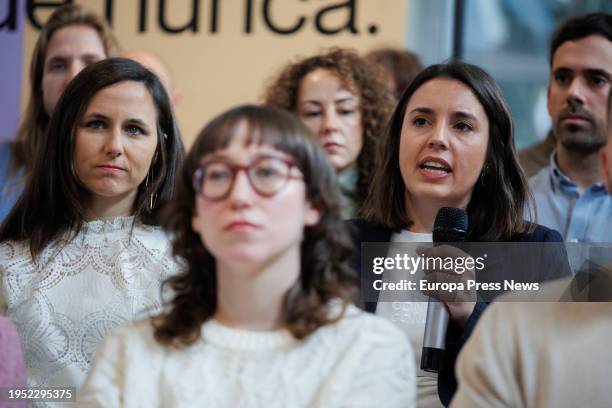 The secretary general of Podemos, Ione Belarra and the political secretary of Podemos, Irene Montero , intervene during the presentation of their...