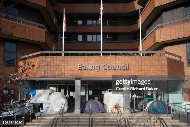 Tents and shelters belonging to Bulgarian-born Svetla Getova who is in a housing dispute with Ealing Council, are seen outside the local authority's...