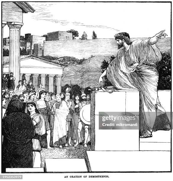 old engraving illustration of demosthenes (greek statesman and orator of ancient athens) practicing oratory - statista foto e immagini stock
