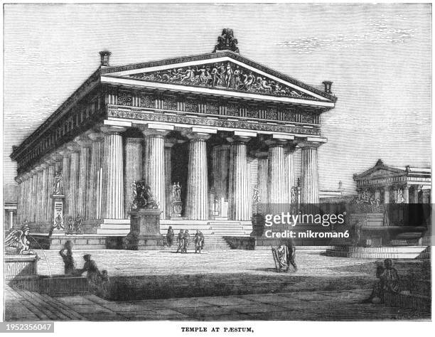 old engraved illustration of paestum, a major ancient greek city on the coast of the tyrrhenian sea - are famous for their three ancient greek temples in the doric order dating from about 550 to 450 bc that are in an excellent state of preservation - central greece stock pictures, royalty-free photos & images